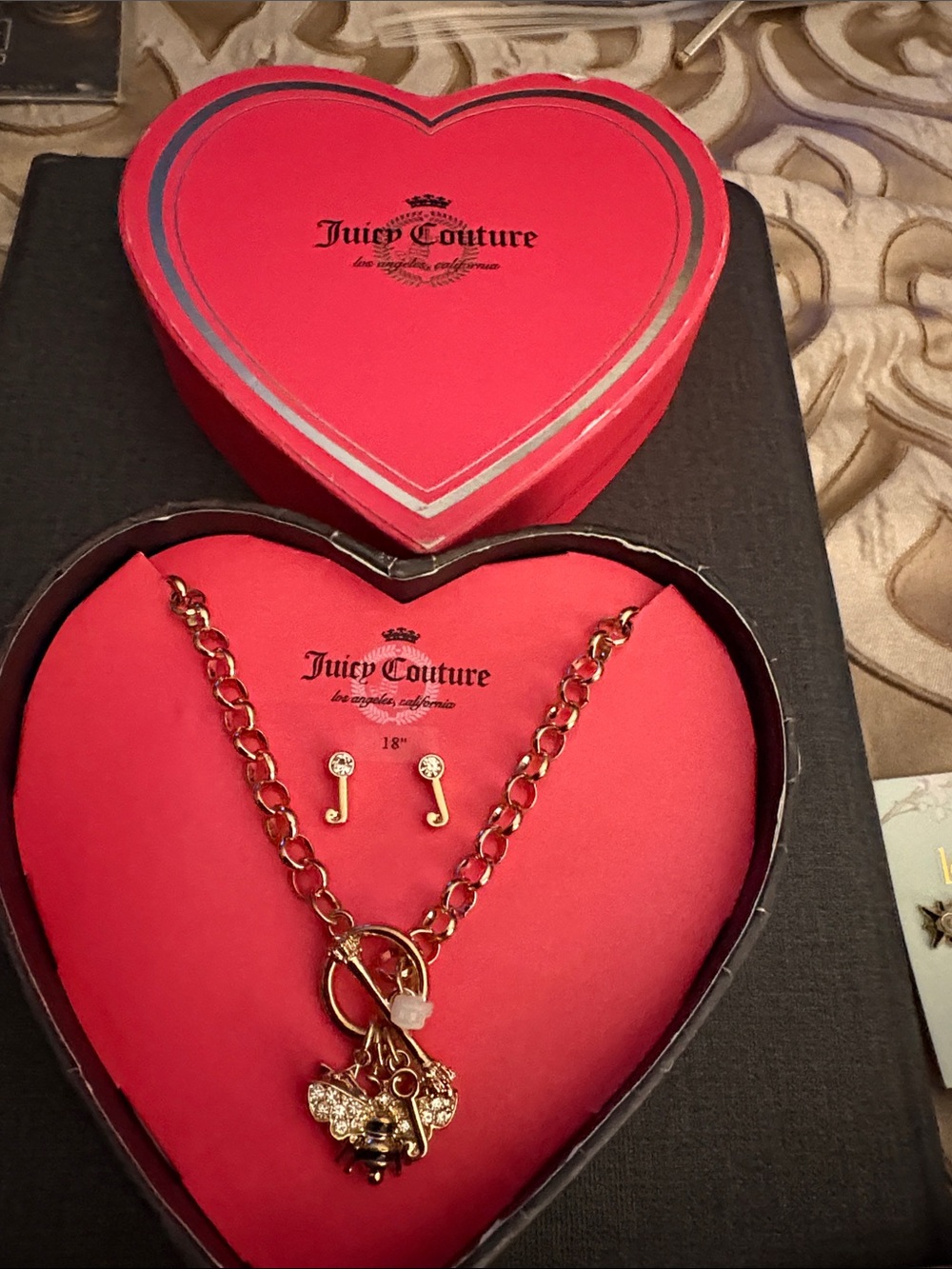 Juicy Couture Gold-Tone Charm Necklace and Stud Earrings Set - Gold